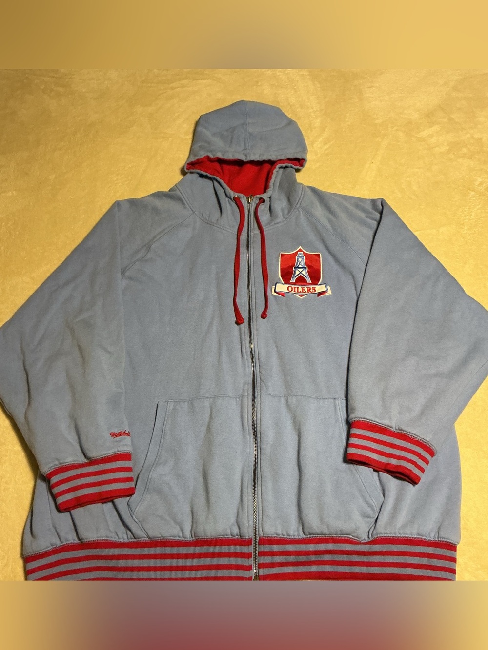 Mitchell & Ness Light Blue and Red Hooded Zip Jacket - Oilers Patch